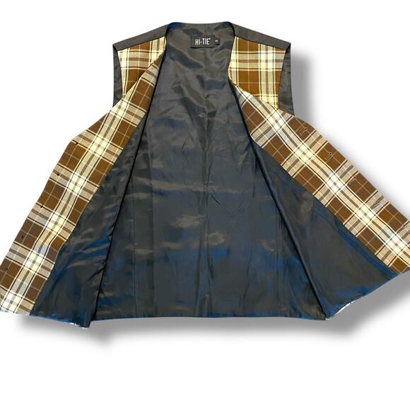 Hi Tie Men's Brown Plaid Suit Vest Sz S Woven Silk Preppy Academia Waistcoat - Picture 4 of 10